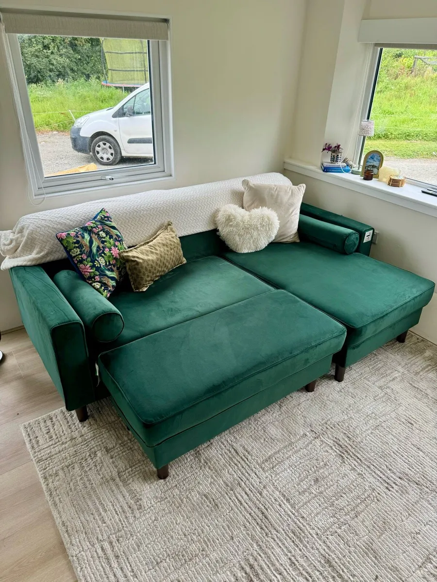 Velvet L shaped couch with foot stool - Image 2