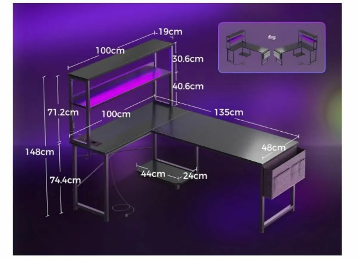 Gaming Table L Shape with LED & Sockets - Image 3