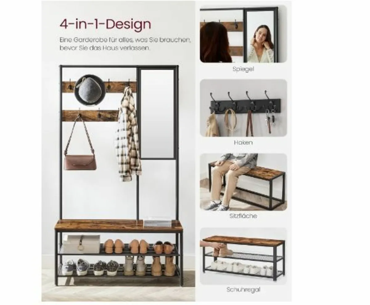 Coat Rack with Hooks Mirror Bench 35 x 98 x 180 cm - Image 3