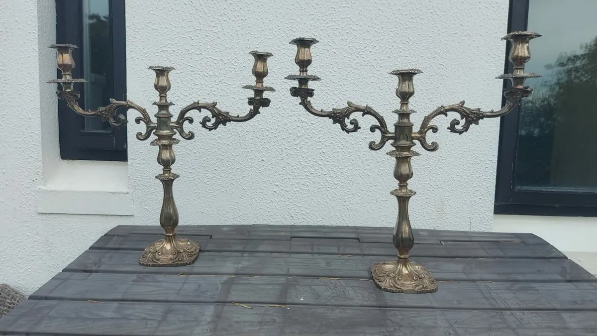 📍 PAIR of Antique Silver Plated? 3 Arm Candelabra - Image 3