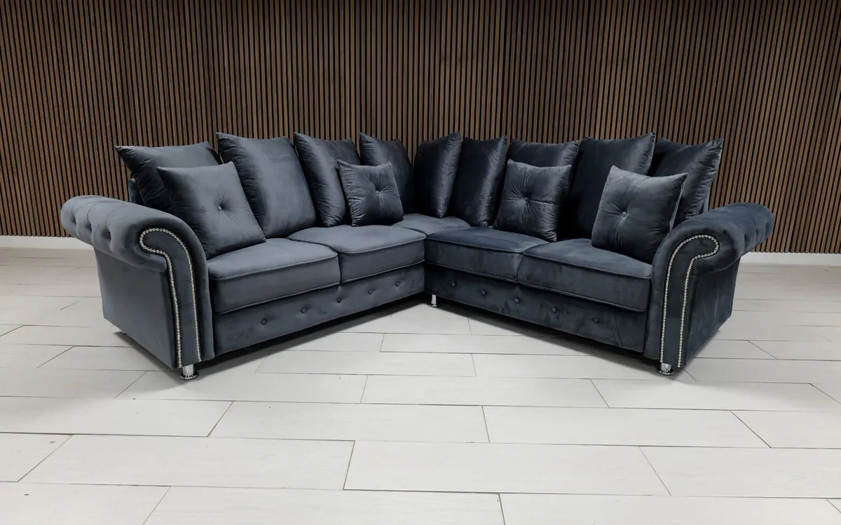 Olympia Grey Plush Fabric Scatter Back Sofa Set - Image 1