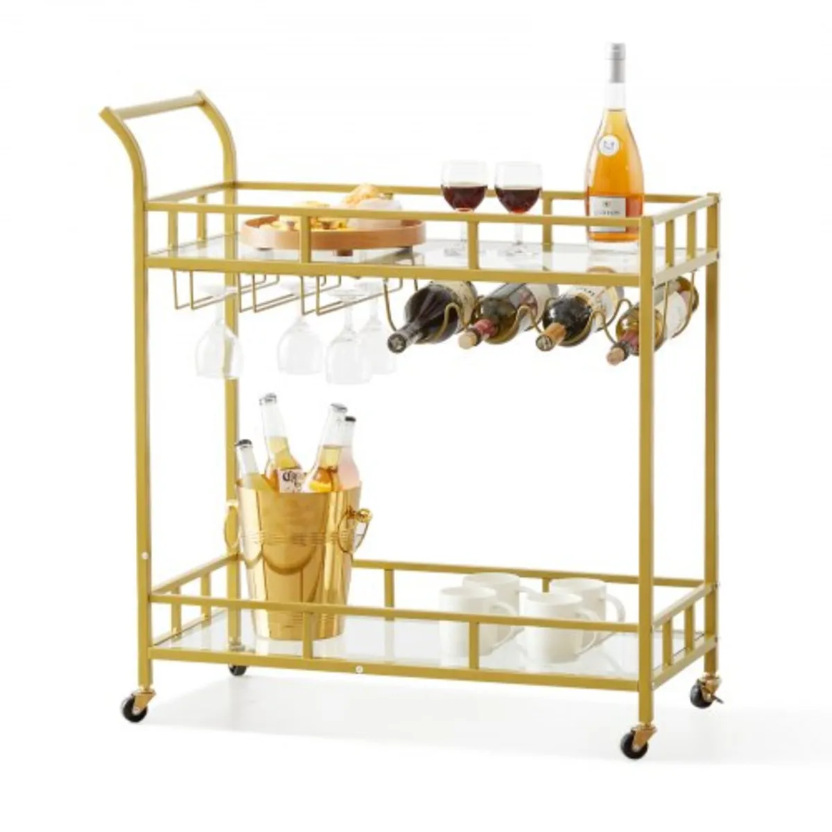 2 Tiers Gold Metal Bar Serving Cart with Wine Rack