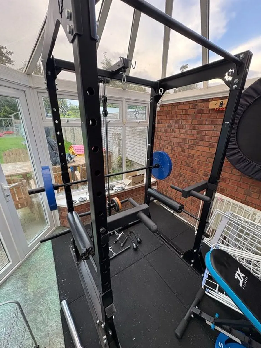 Heavy duty squat rack with pulley, weights & bar - Image 1