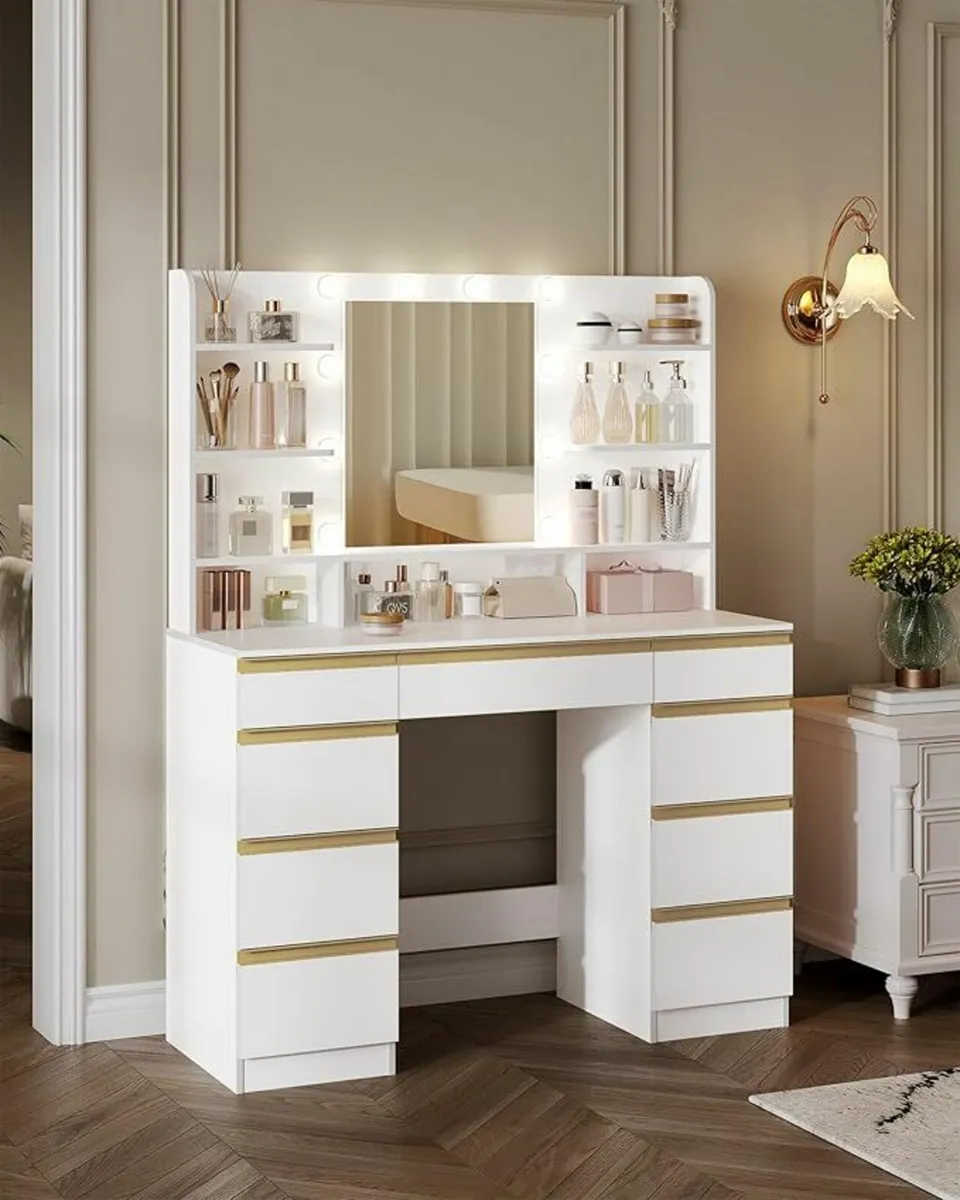 White Vanity Dressing Table with LED Mirror 9 Draw - Image 1