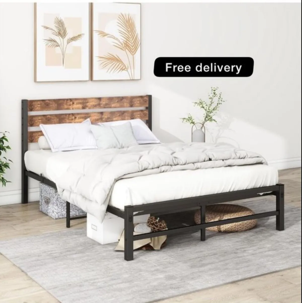 Double Bed Frame with Wood Headboard