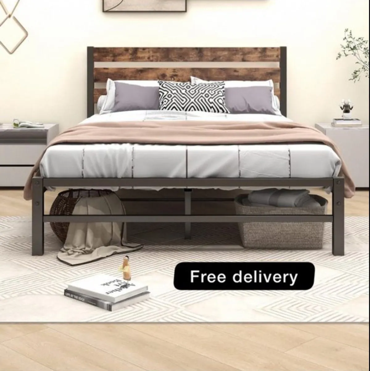 Double Bed Frame with Rustic Wood Headboard