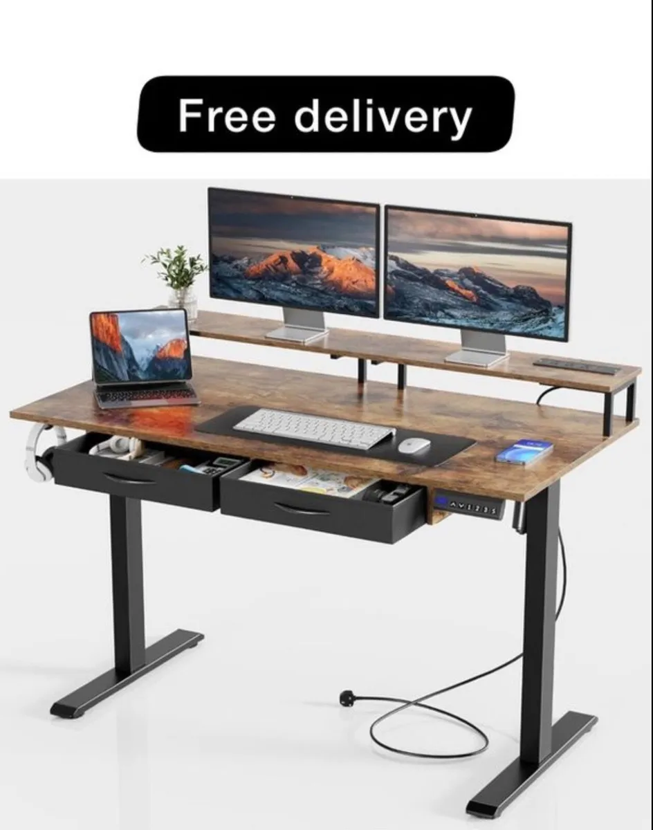 Height Adjustable Desk with 3 AC Outlets & 2 U