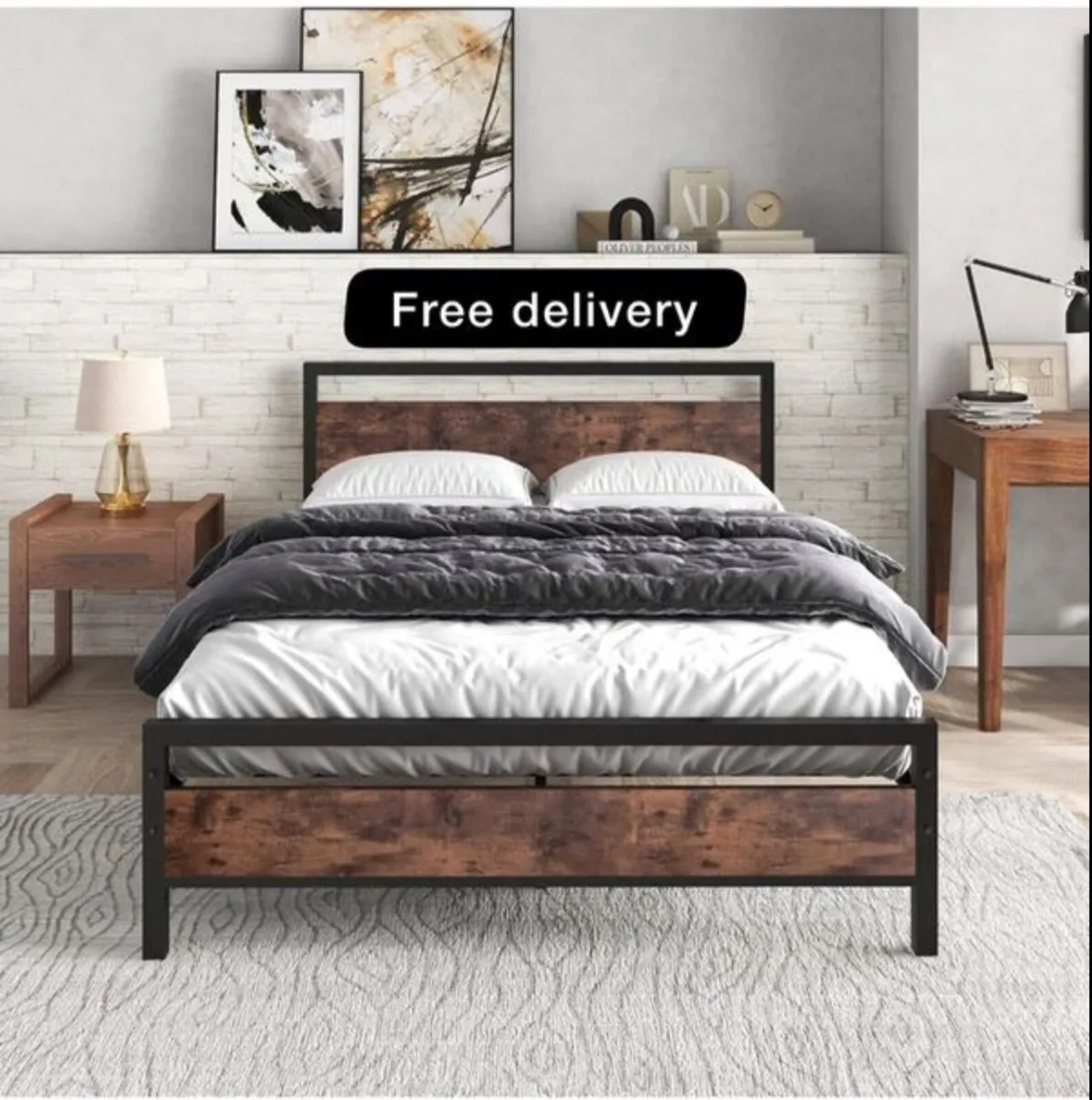 Metal Platform Bed Frame Double Size with Wooden H