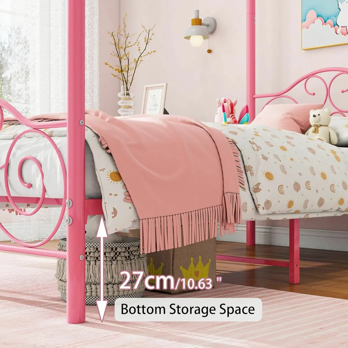 Single Canopy Bed Frame Platform 90x190cm Pink - Image 3