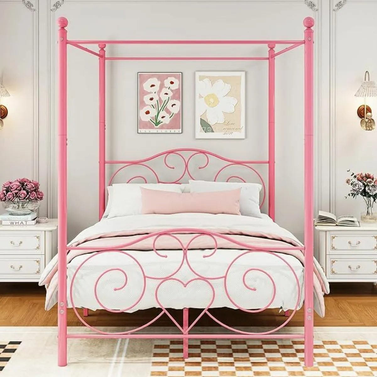 King Canopy Bed Frame Platform 150x200cm Pink - Image 4
