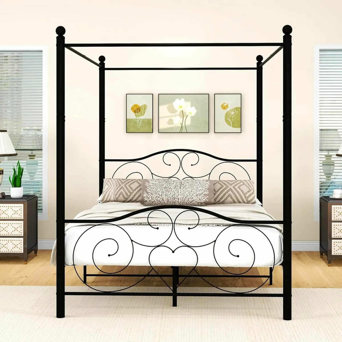 King Canopy Bed Frame Platform, 150x200cm Black - Image 1