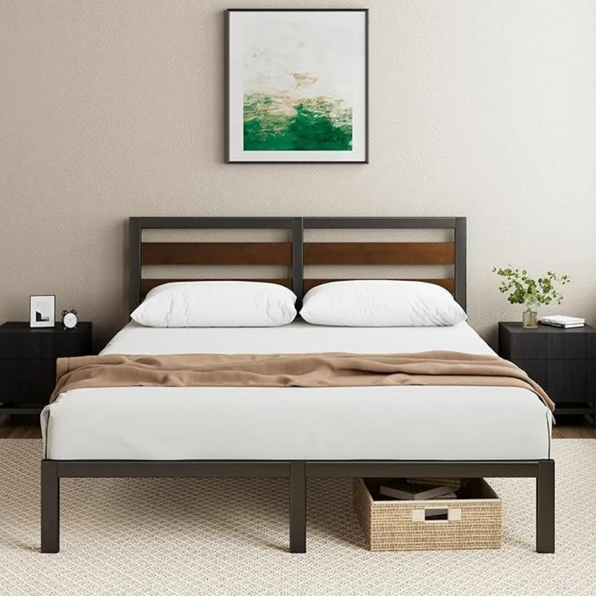 Double Bed Frame 135x190 cm  Headboard Black Brown - Image 1