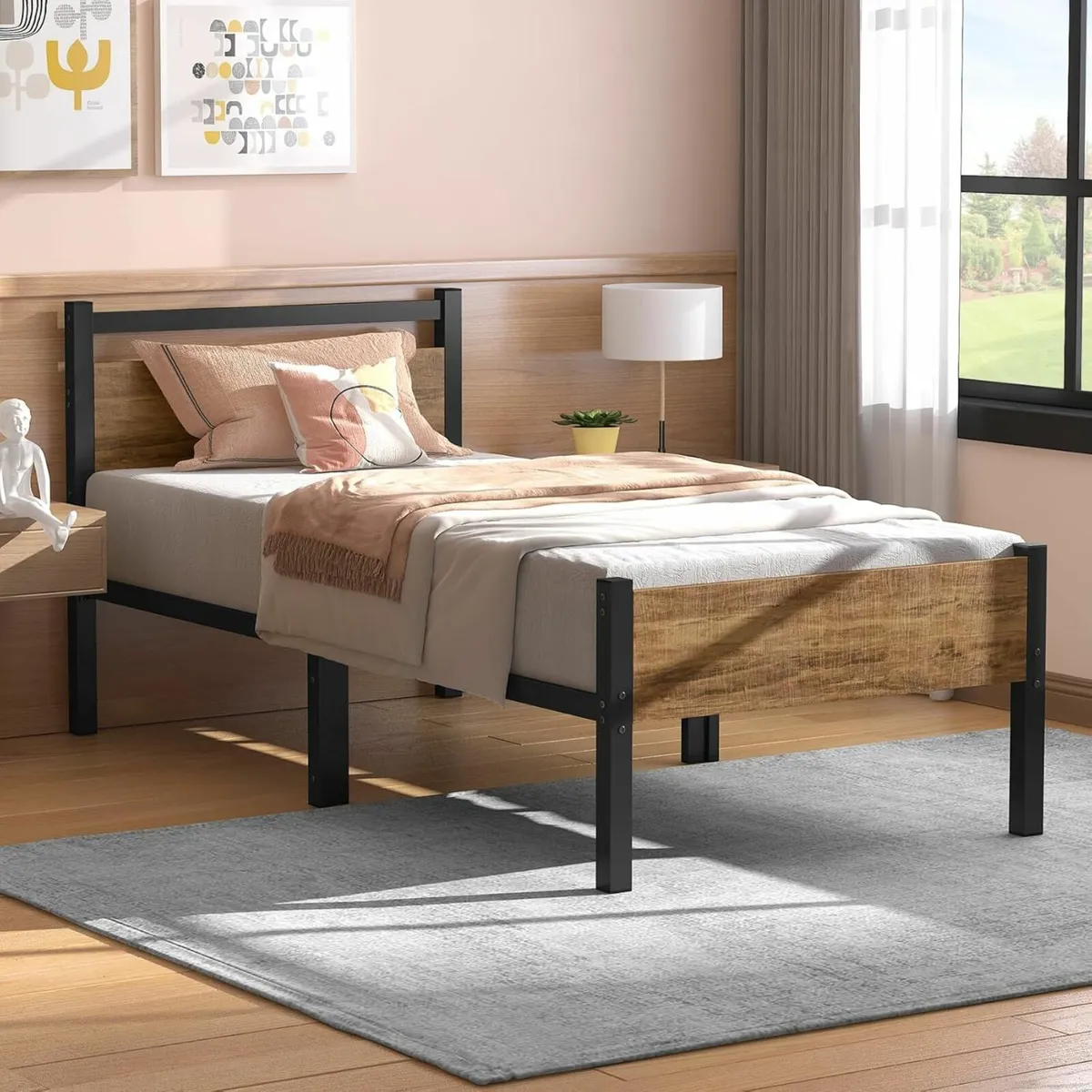 Single Bed Frames Wood Headboard Brown 100x200cm - Image 3