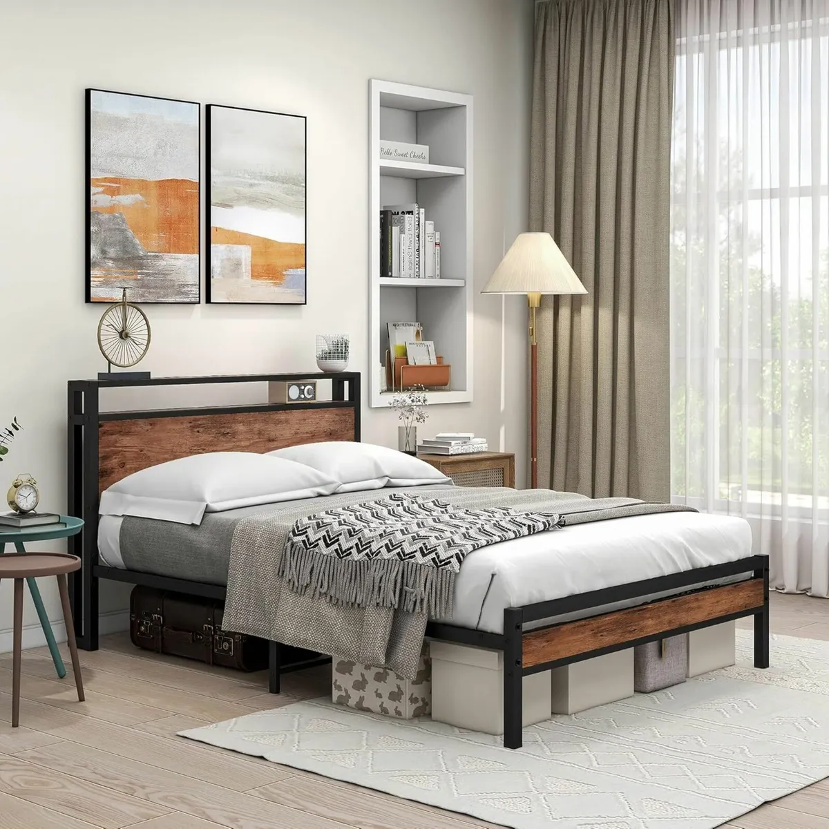 Double Bed Frame Storage Wooden Headboard135x190cm - Image 3