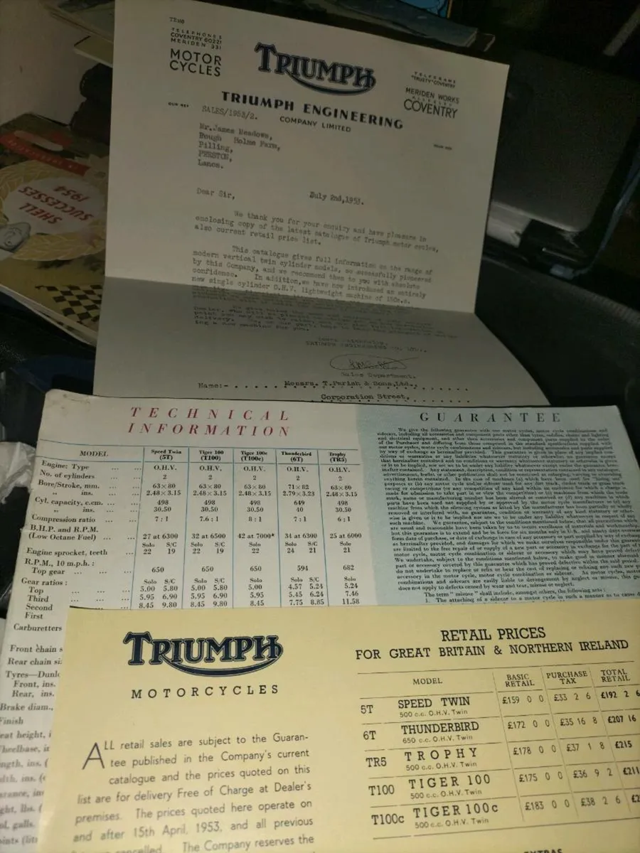 RARE TECHNICAL INFORMATION TRIUMPH LETTERS