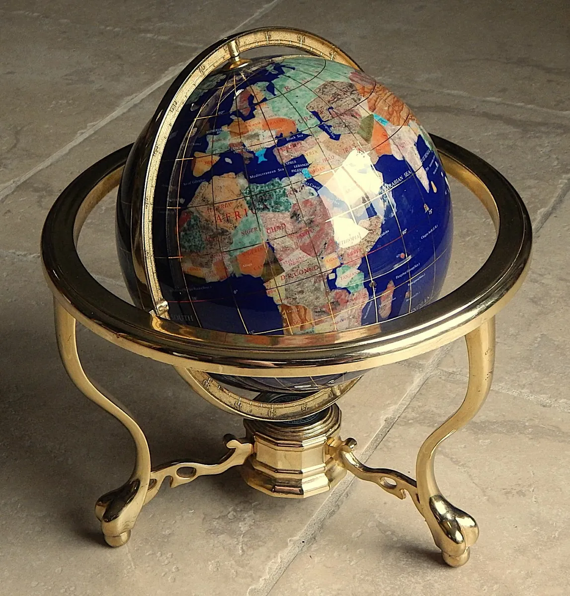 Heavy Semi-Precious Gemstone Globe in Brass Cradle - Image 1