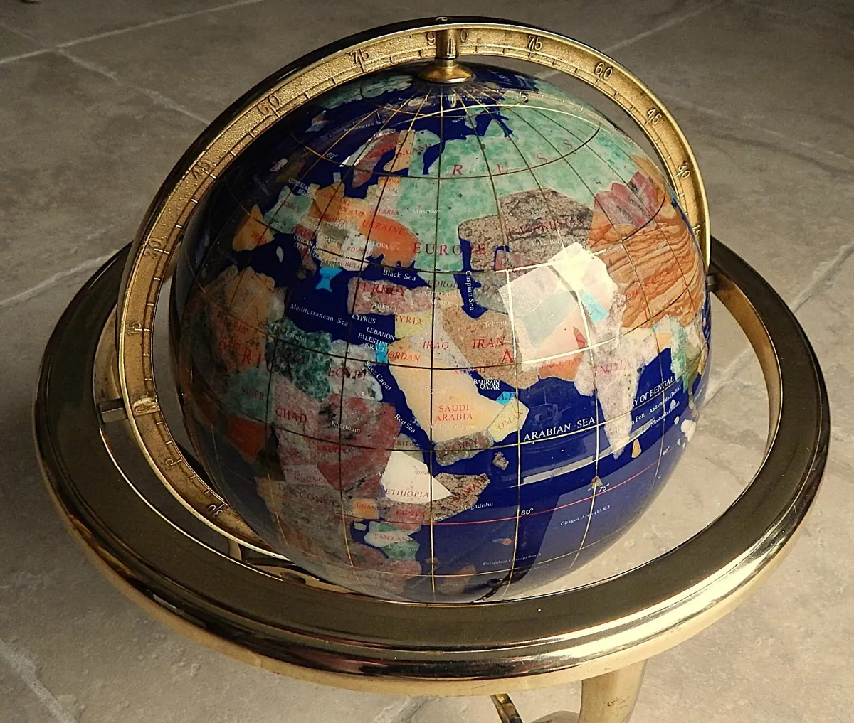 Heavy Semi-Precious Gemstone Globe in Brass Cradle - Image 3