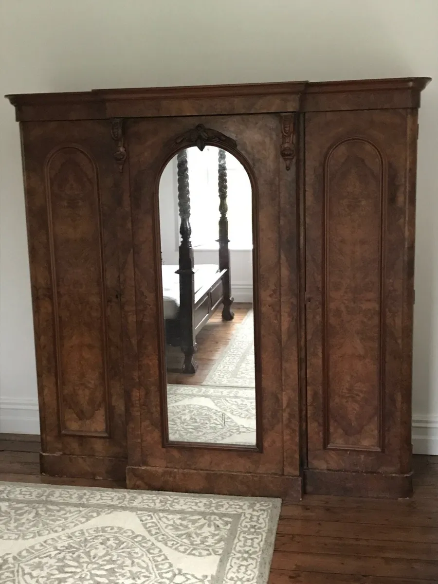 Antique triple front walnut and mahogany wardrobe - Image 1
