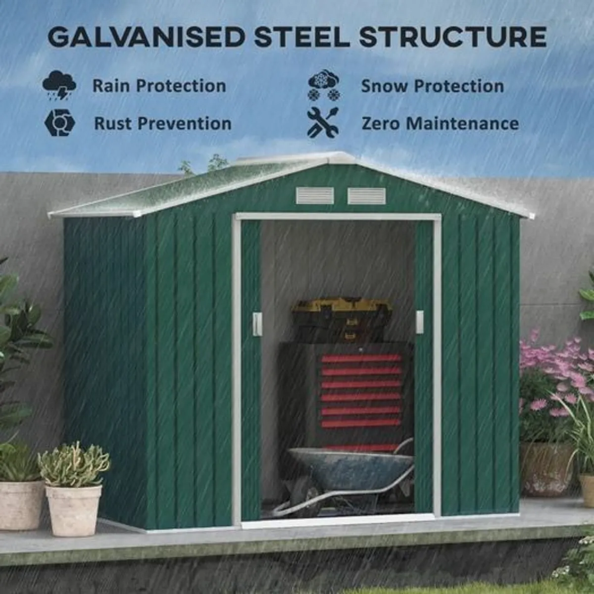 7ft x 4ft Lockable Garden Shed Large Patio Roofed Tool Metal Storage Building Foundation Sheds Box Outdoor Furniture, Green - Image 1