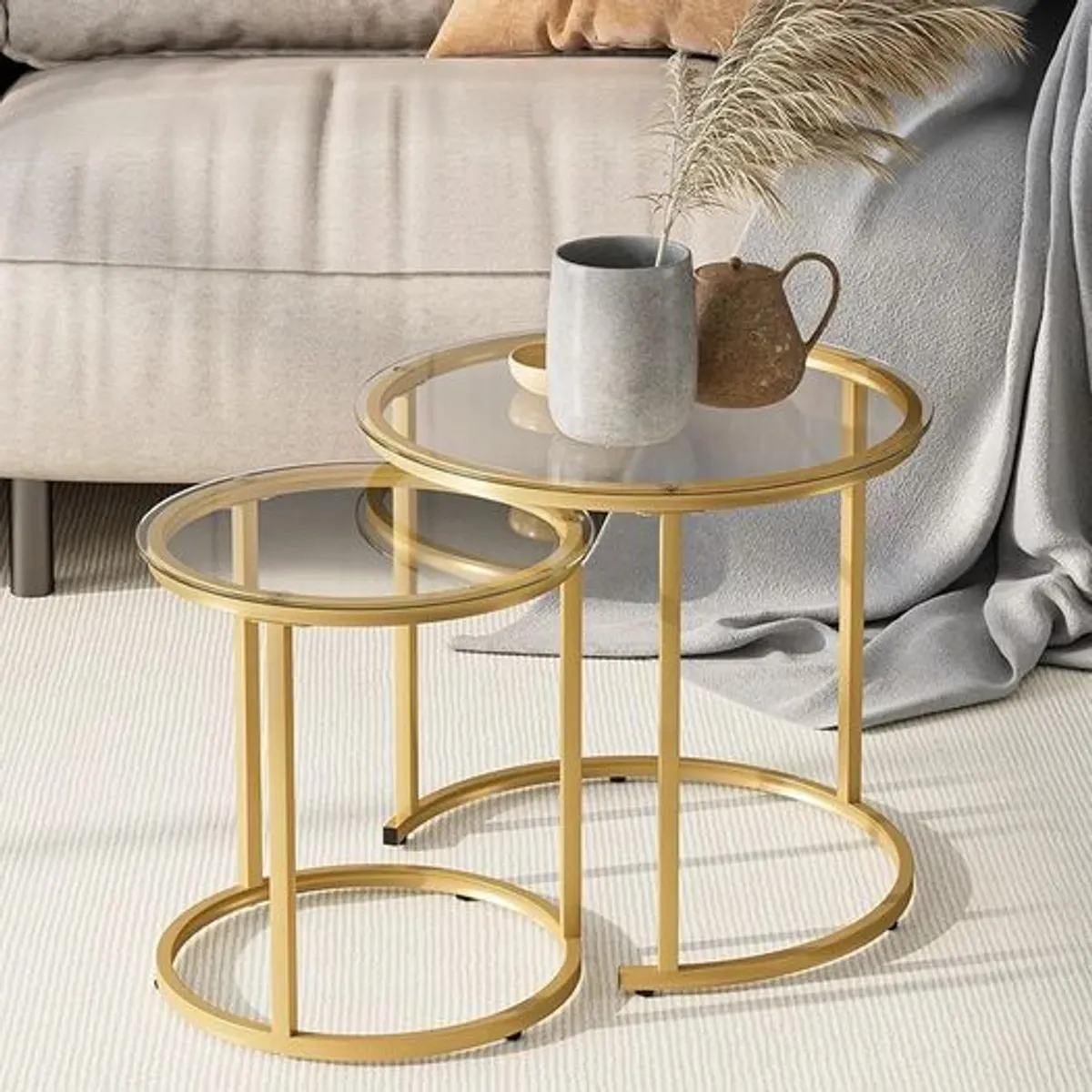 Round Nesting Coffee Tables, Removable Set of 2 End Table, Glass Top Nesting Tables with Gold Metal Frame for Living Room, - Image 2
