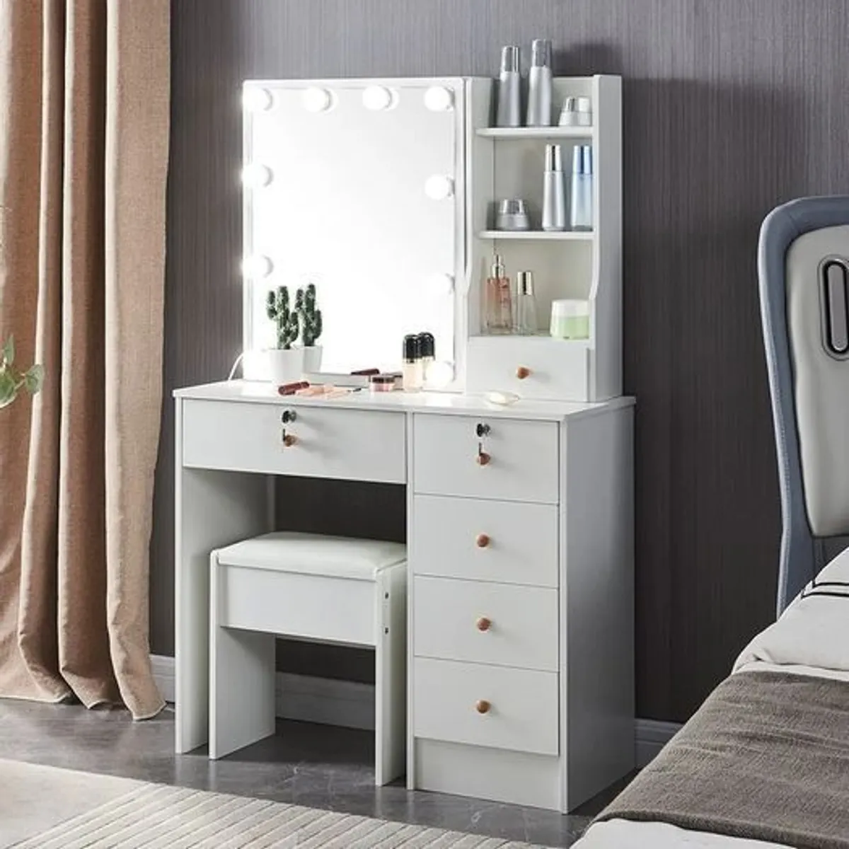 White Dressing Table with Hollywood LED Vanity Mirror, Makeup Vanity Desk with 5 Drawers & Multi-Shelves, Vanity Table Set with Stool - Image 2