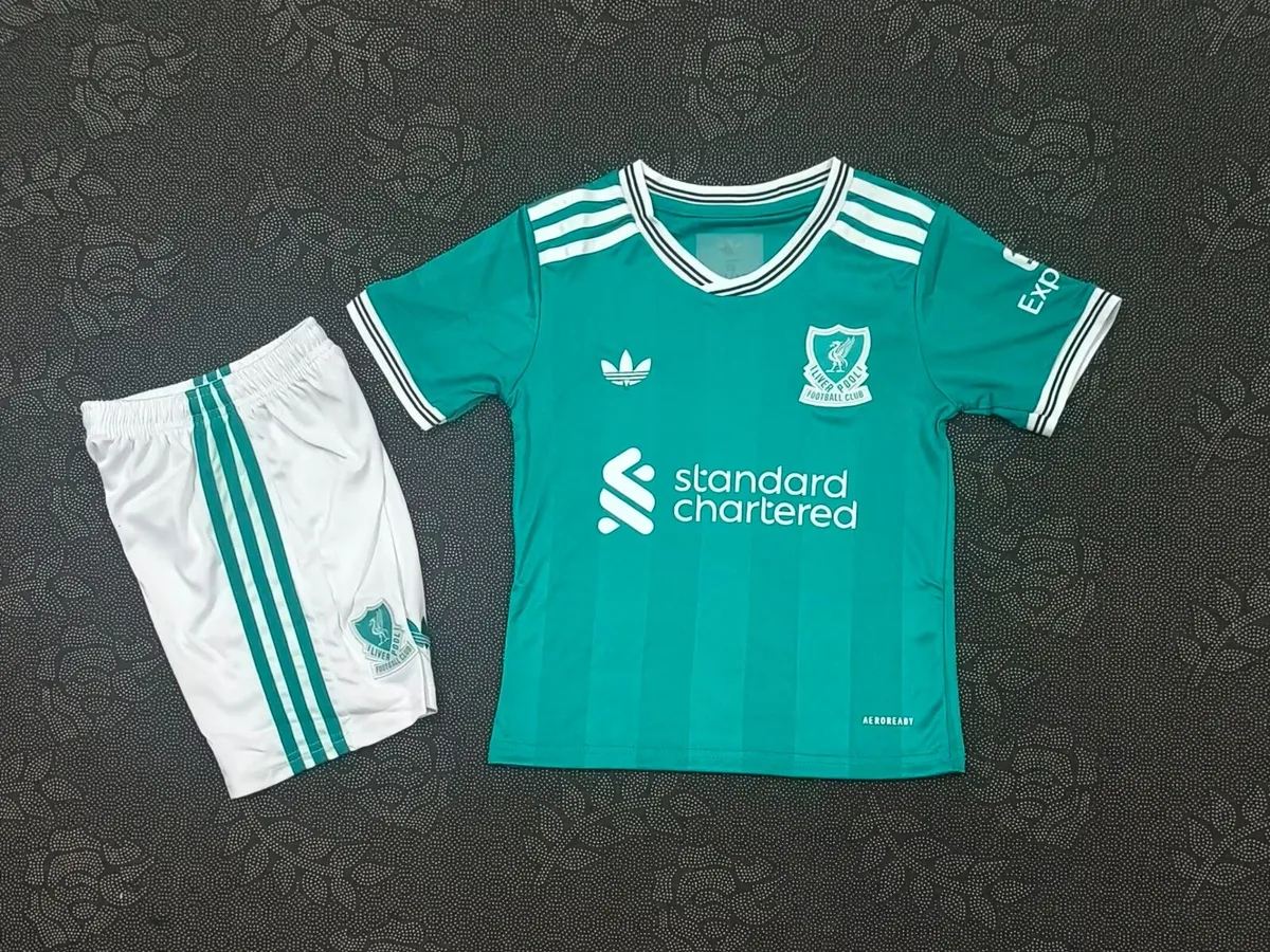 Liverpool home, away white and green kid sizes - Image 3