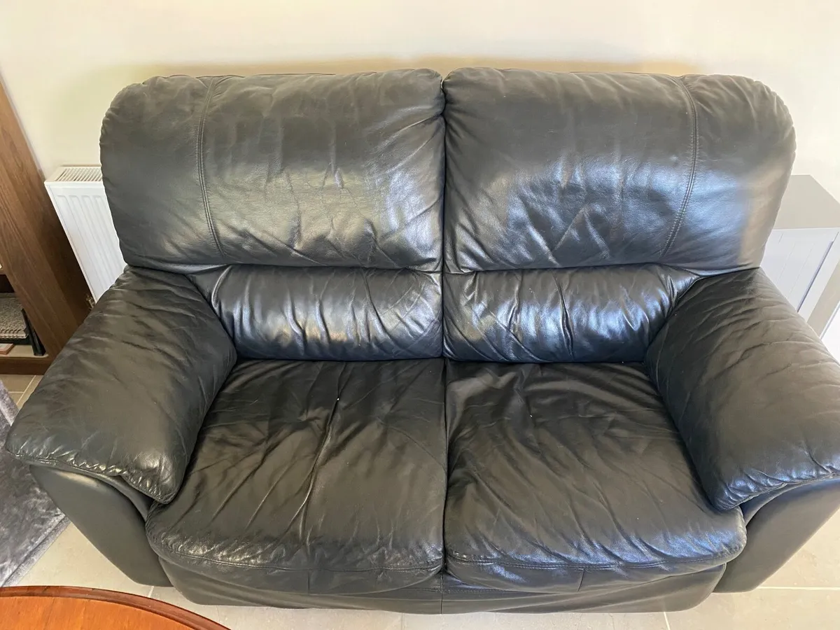 Black Leather Two Seater Couch and Two Armchairs - Image 1
