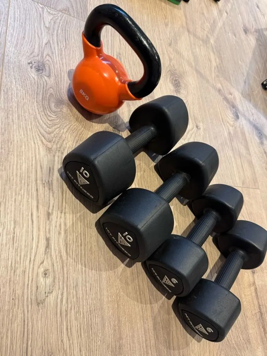Weights bundle - 2x 10 kg, 2x 6kg dumbbells, 1x 8kg kettlebell