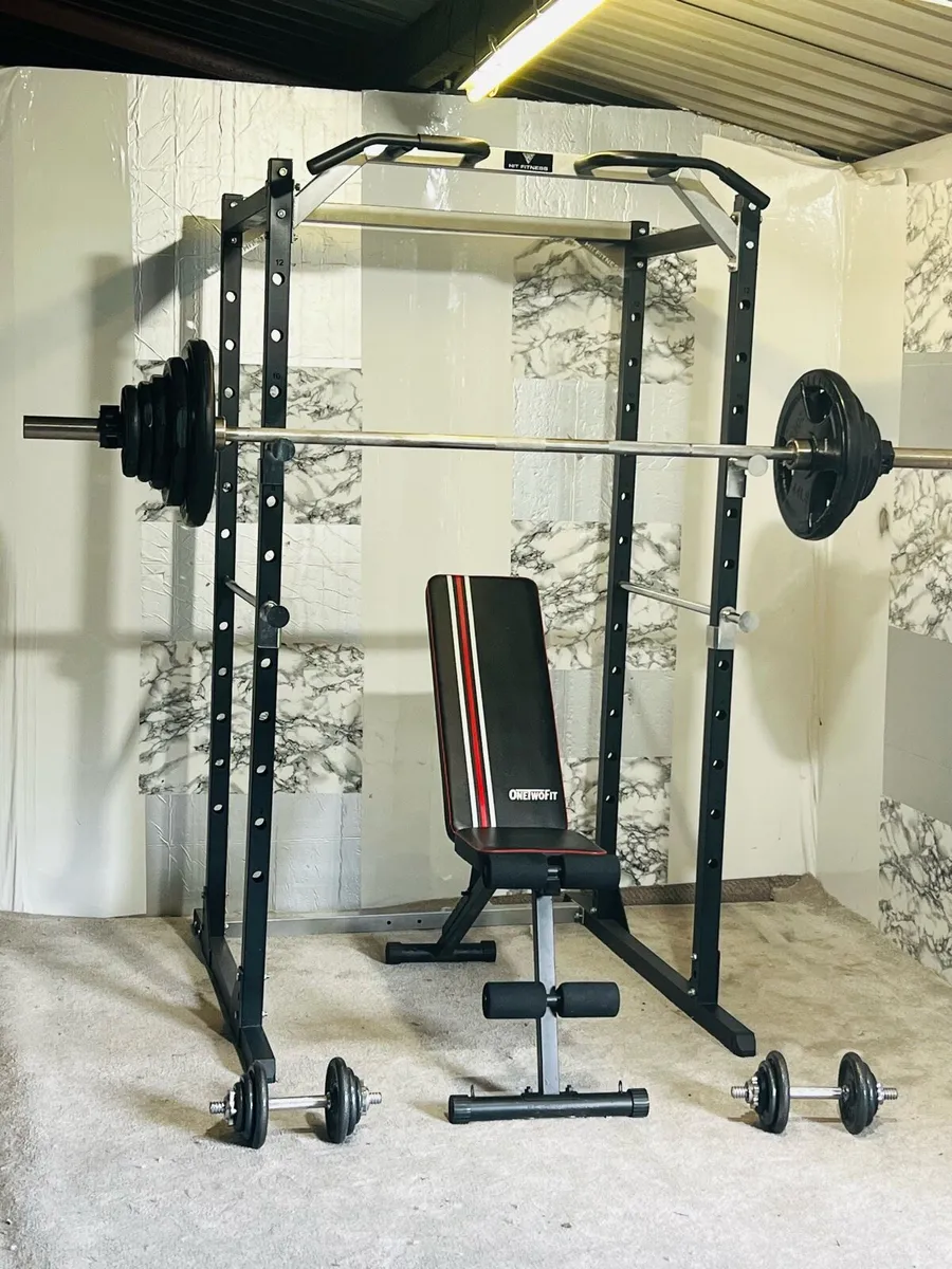 POWER RACK BENCH OLYMPIC BAR+WEIGHTS DUMBBELLS - Image 3