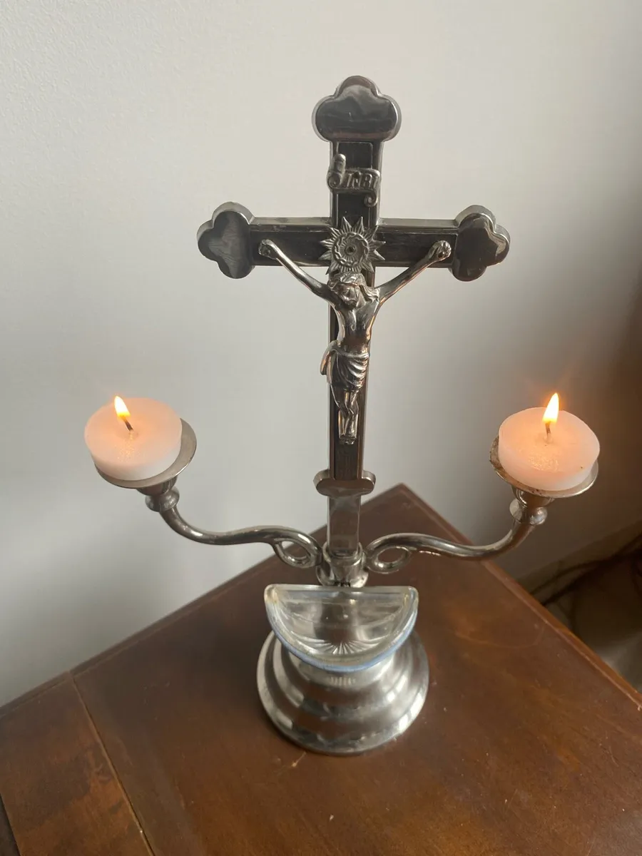 Vintage Metal Crucifix and Holy Water Font - Image 1