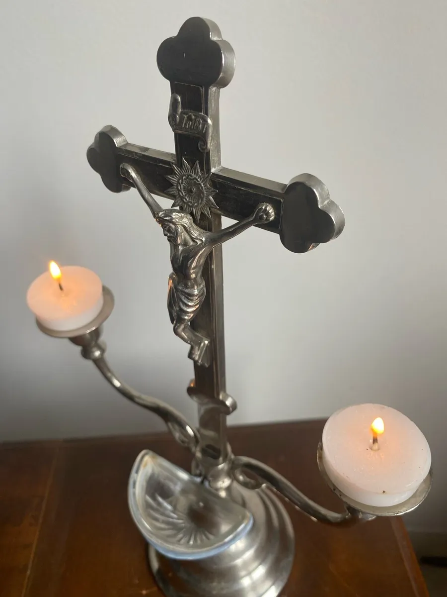 Vintage Metal Crucifix and Holy Water Font - Image 2