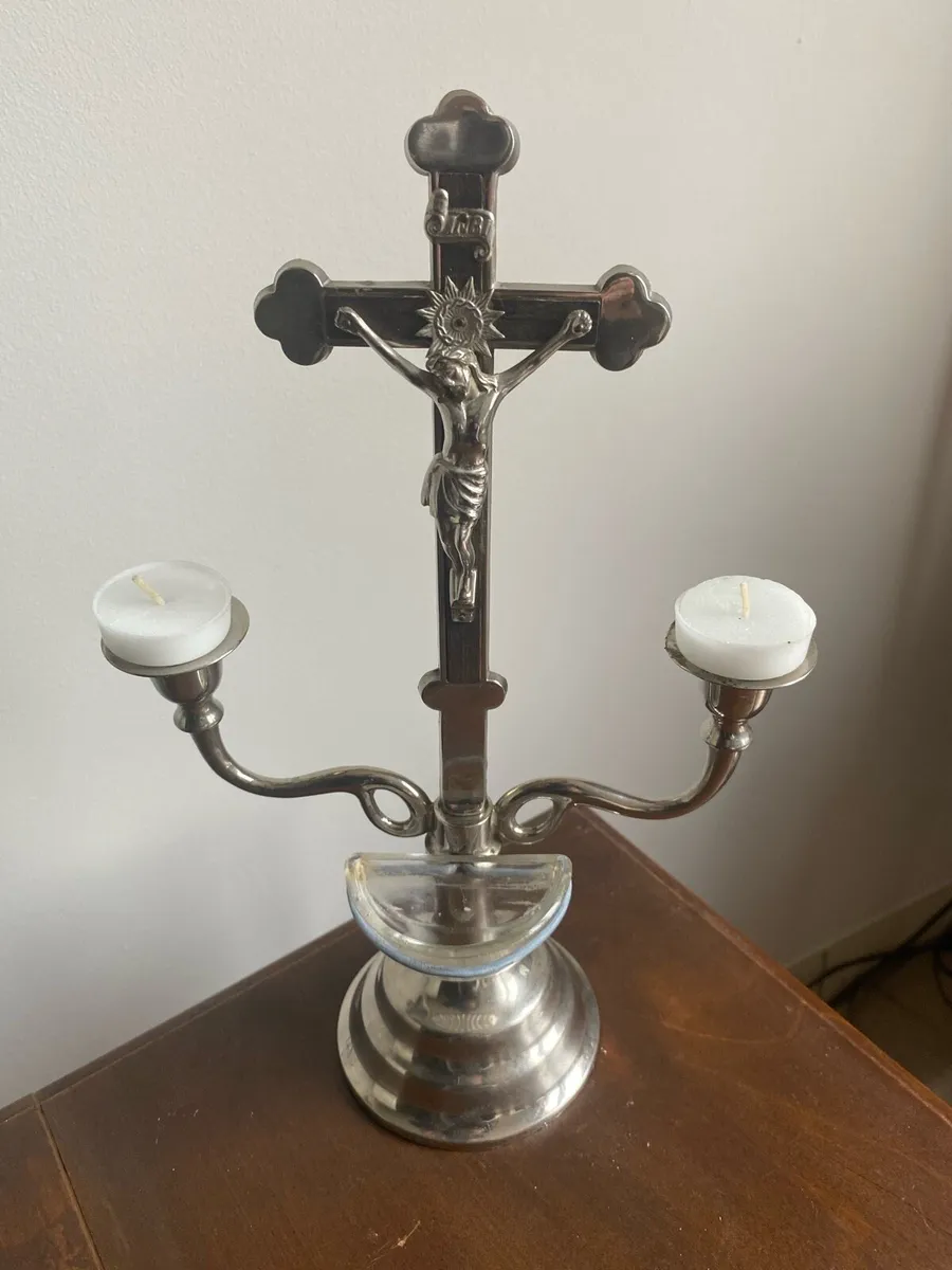 Vintage Metal Crucifix and Holy Water Font - Image 3