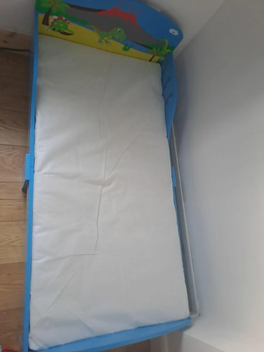 Toddler Bed (with mattress) and Matching Toy Box - Image 1