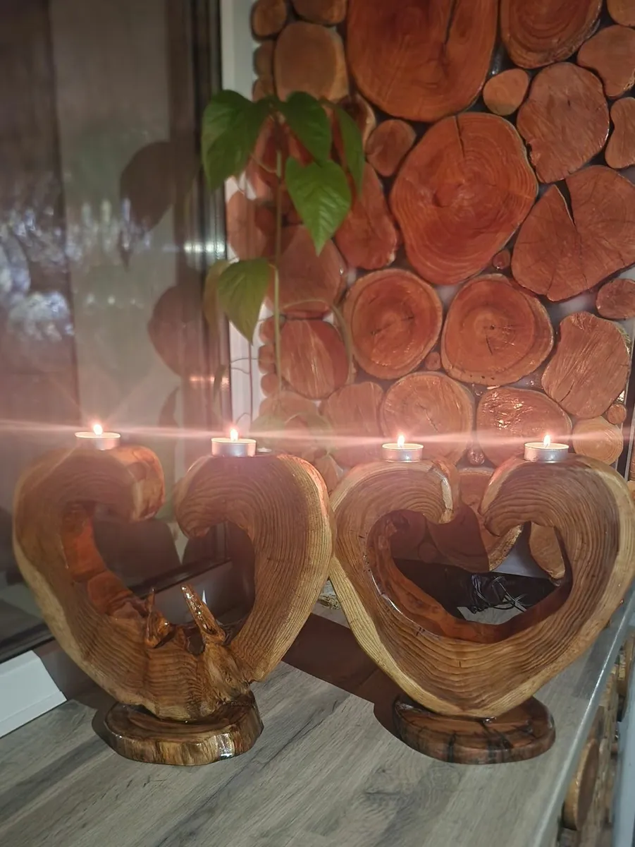 Handmade pinewood heartshaped tea light holders - Image 2