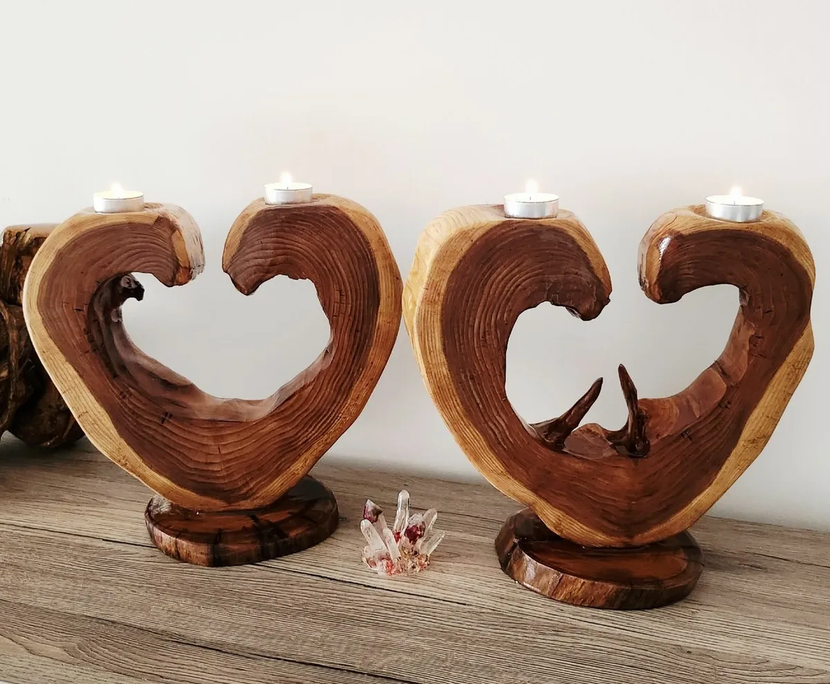 Handmade pinewood heartshaped tea light holders - Image 3