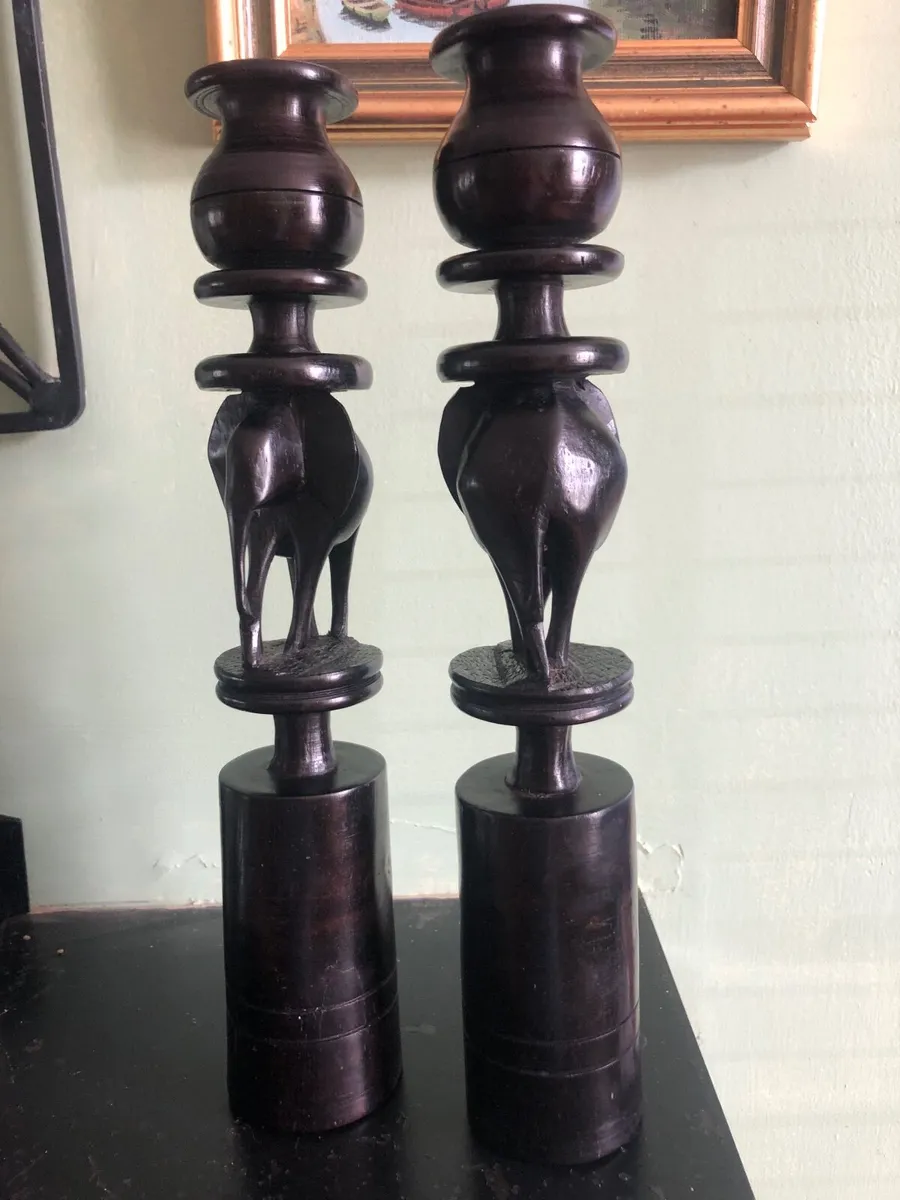 Carved Ebonised Elephant Candle Sticks - Image 1