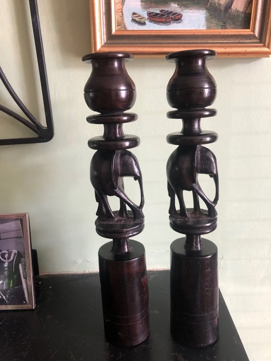 Carved Ebonised Elephant Candle Sticks - Image 2