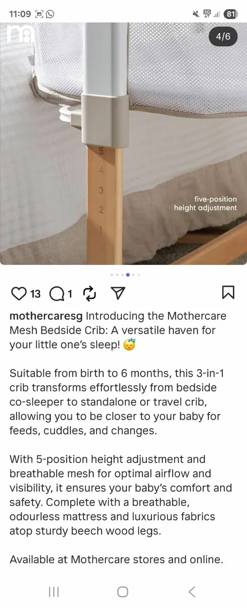 Mothercare Mesh Bedside Crib - Image 4