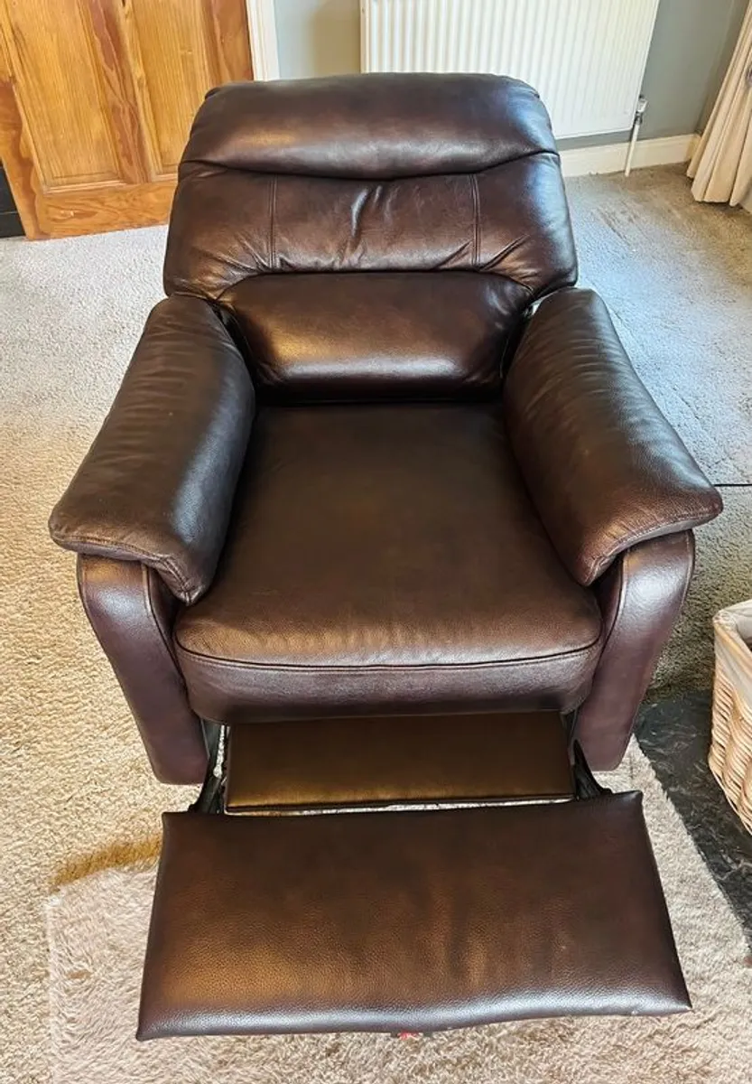 Brown 3 Piece Leather Reclining Suite with Pouffe - Image 1
