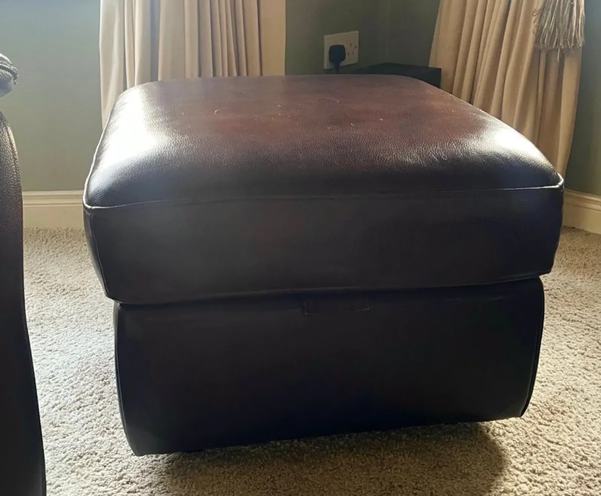 Brown 3 Piece Leather Reclining Suite with Pouffe - Image 2