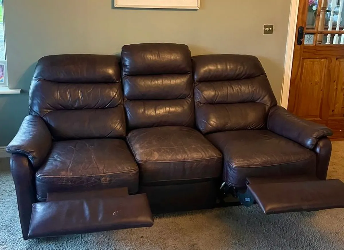 Brown 3 Piece Leather Reclining Suite with Pouffe - Image 4