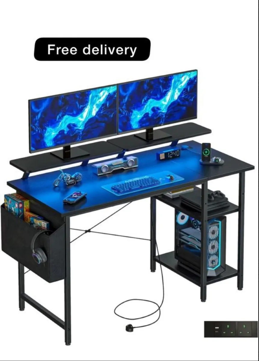Gaming Desk with LED Lights & Power Outlets Bl