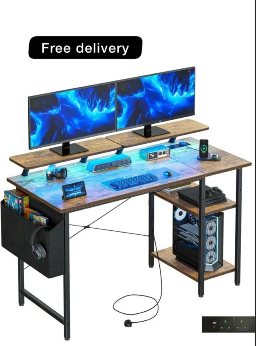 Gaming Desk with LED Lights & Power Outlets