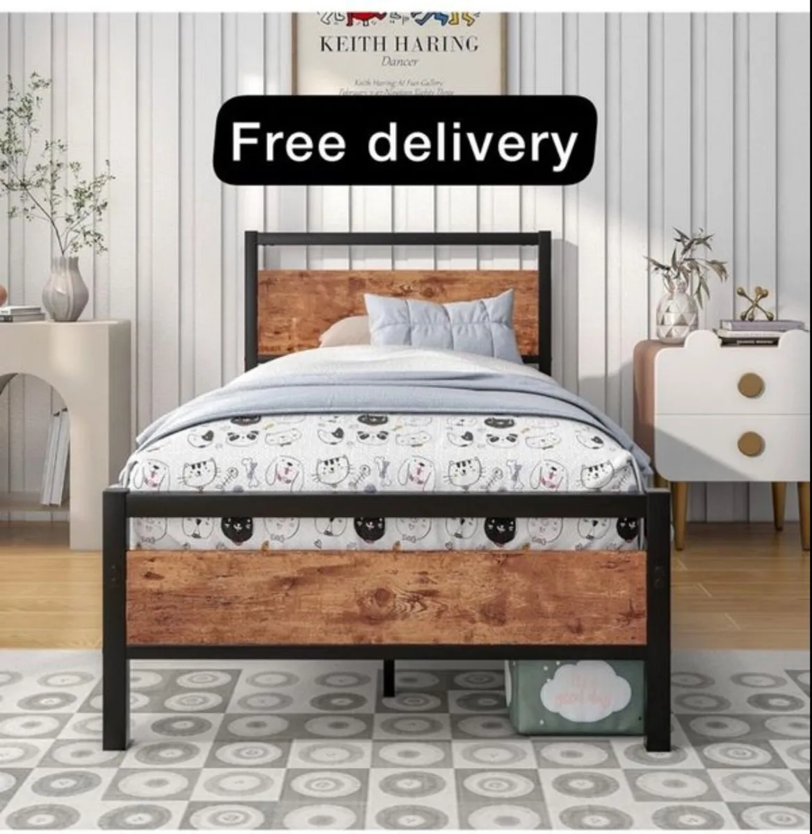Single Bed Frame with Wood Headboard