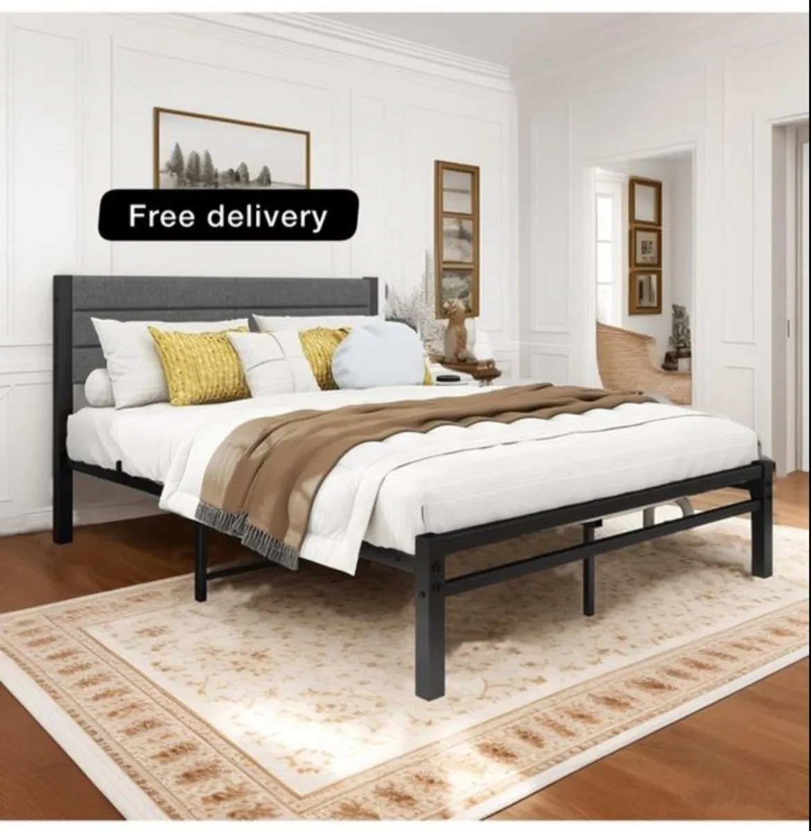 Double Bed Frame with Upholstered Headboard