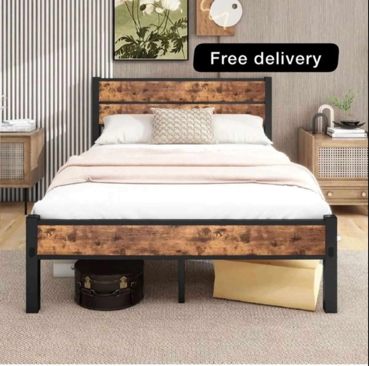 Bed Frame with Wooden Headboard and Footboard
