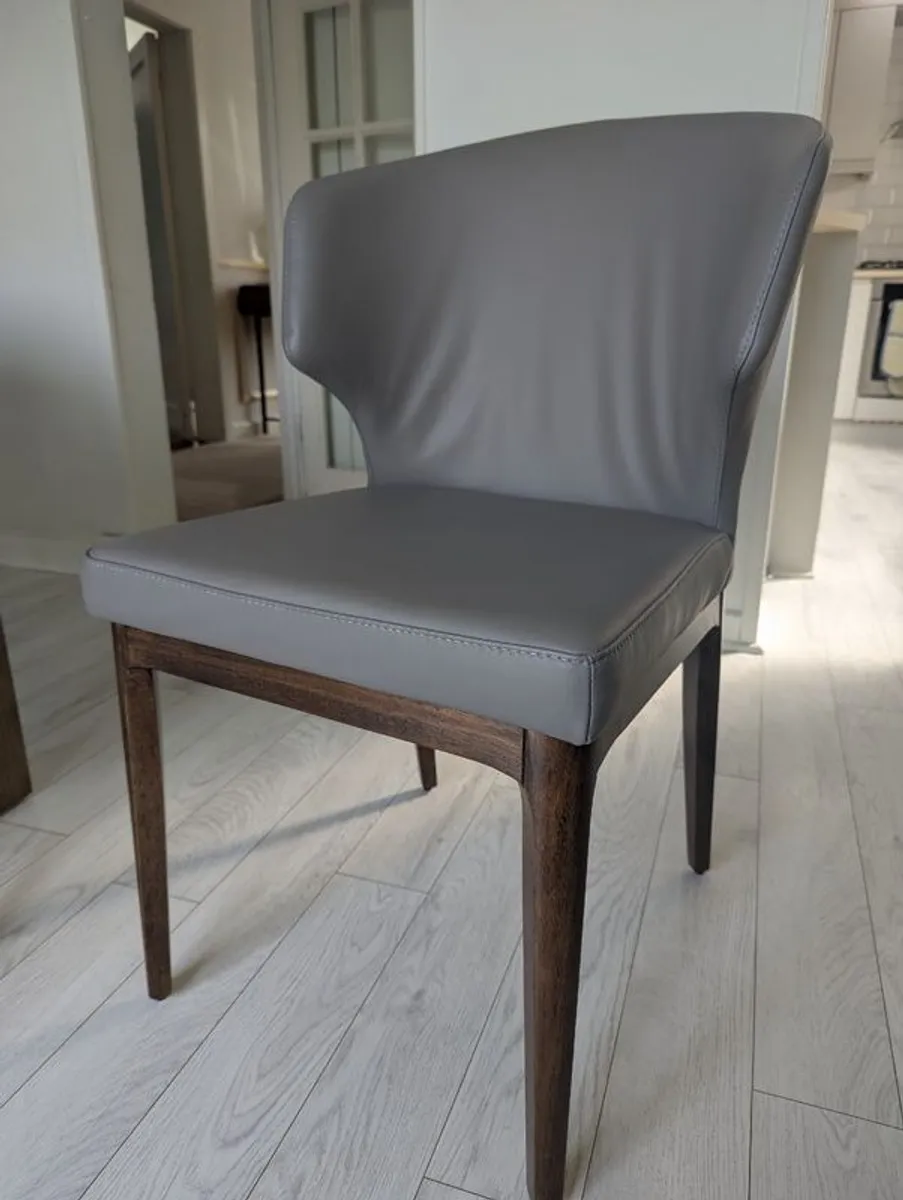 8 Grey Leather & Walnut Dining Chairs - Image 1