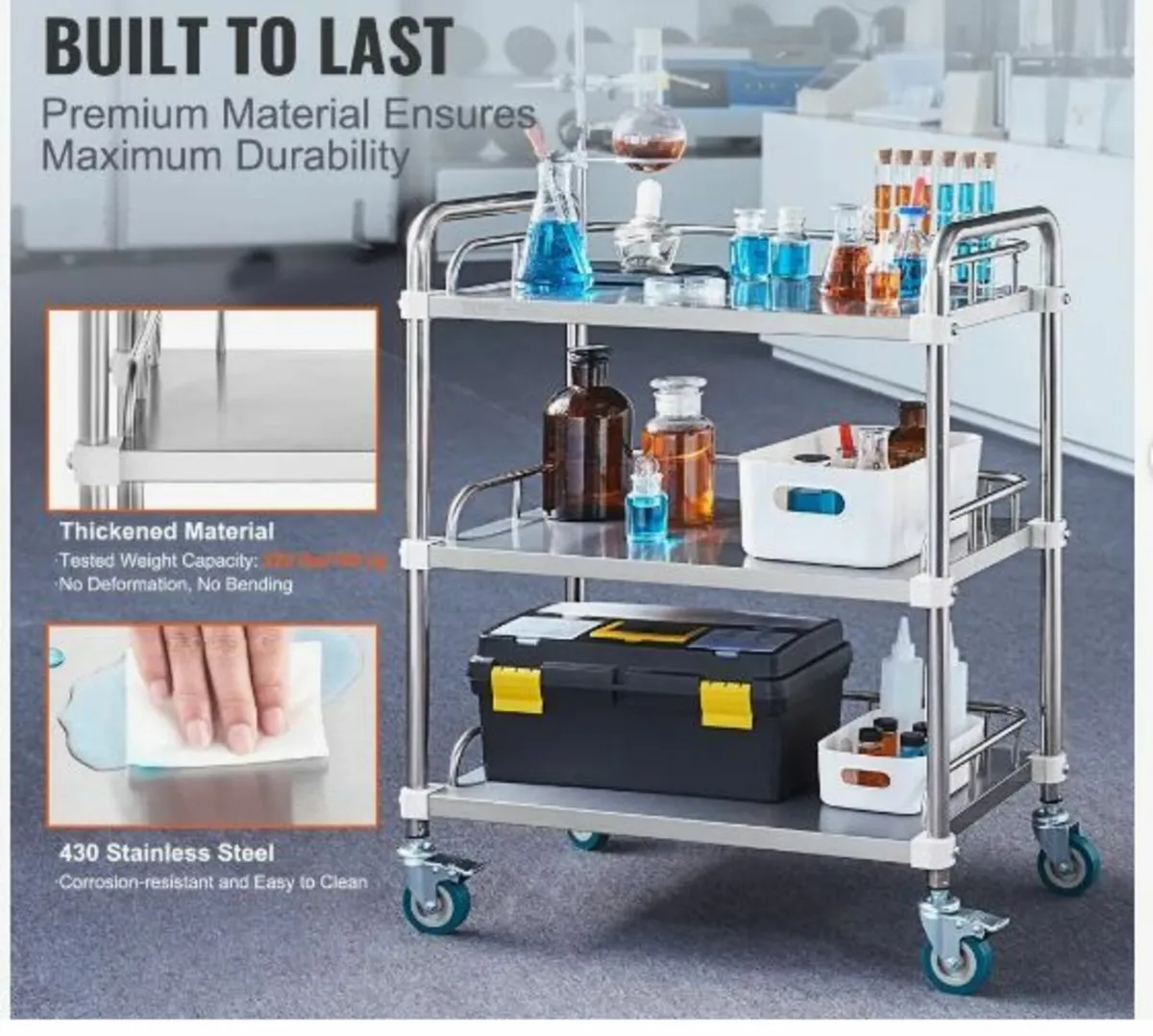Lab Rolling Cart, 3-Shelf Stainless Steel - Image 3