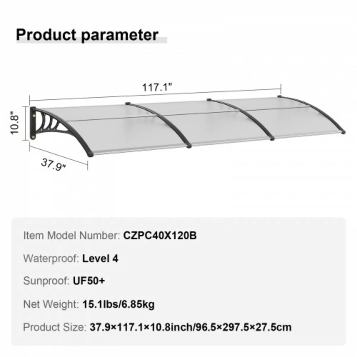Window Door Awning Canopy, 38" x 117" Door Canopy - Image 3