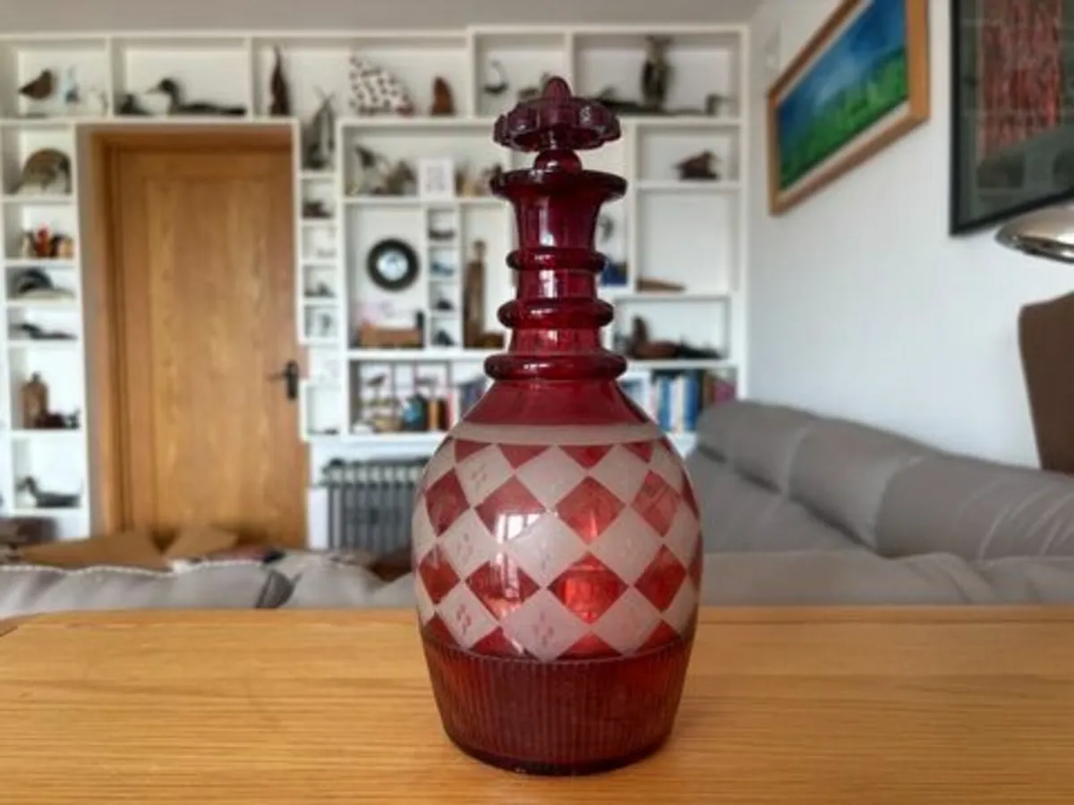 Vintage Ruby Red Cut Glass Decanter with Stopper - Image 1